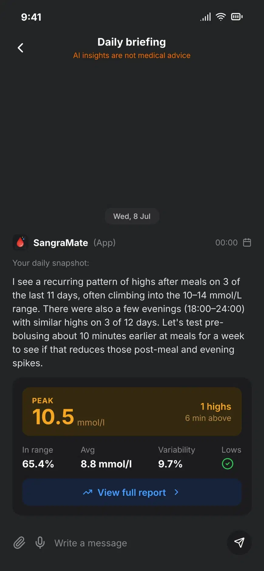 SangraMate daily briefing chat with a peak card and time-in-range stats