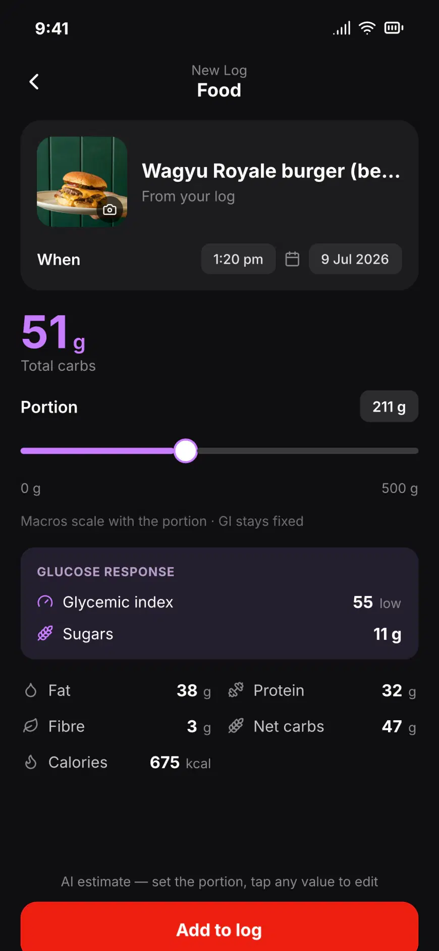 SangraMate AI food log estimating carbs and macros from a photo