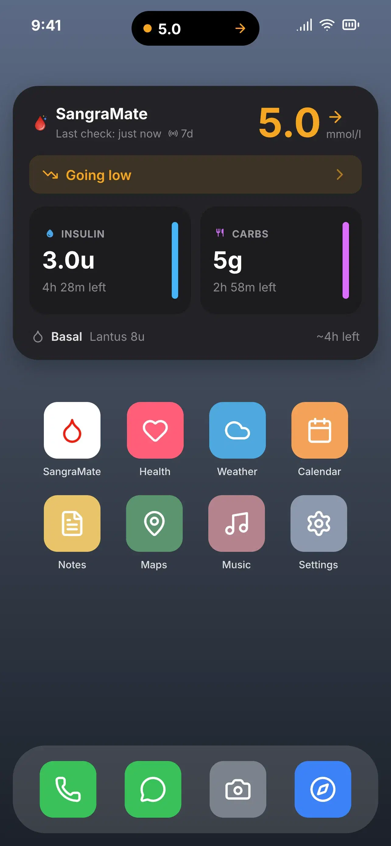 SangraMate Home Screen widget with live glucose, insulin and carbs on board