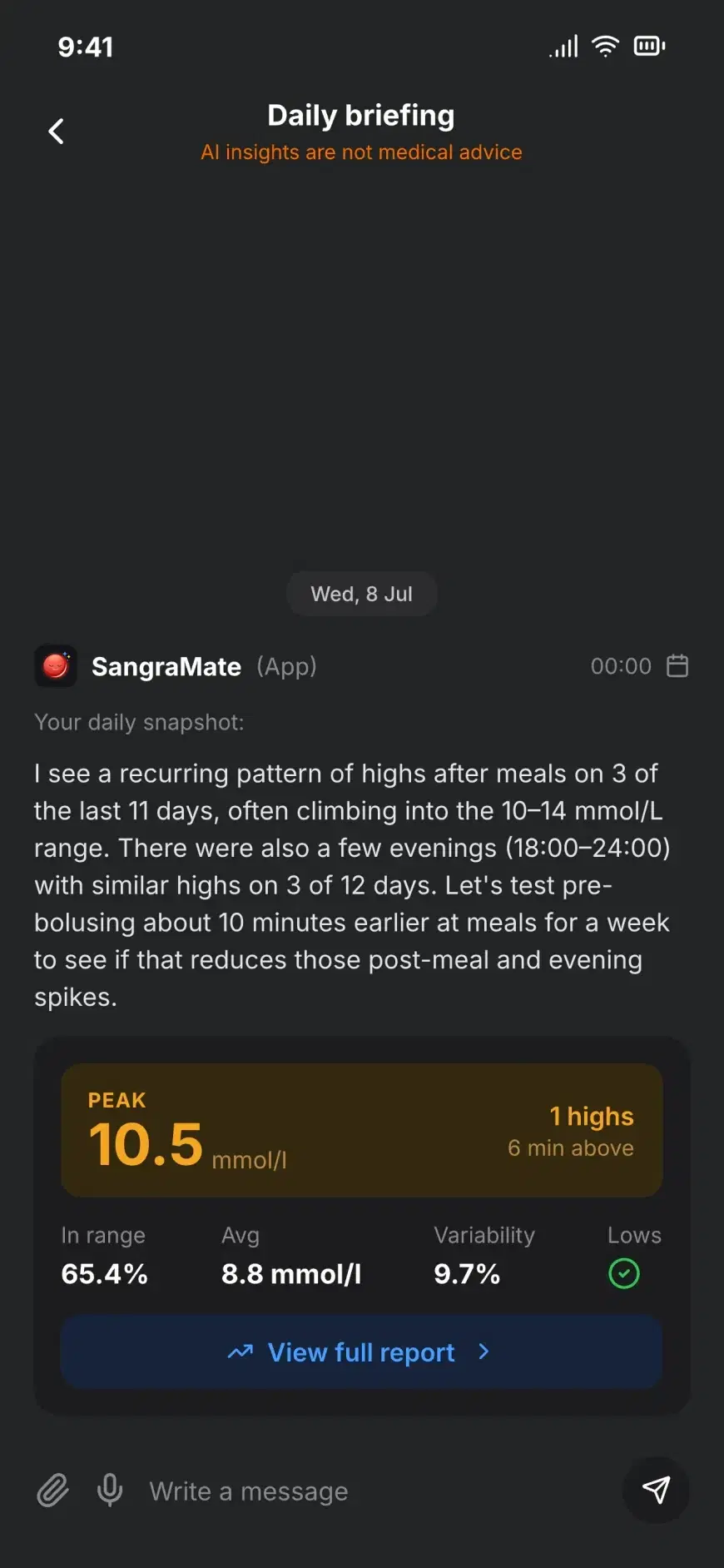 SangraMate daily briefing chat with a peak card and time-in-range stats