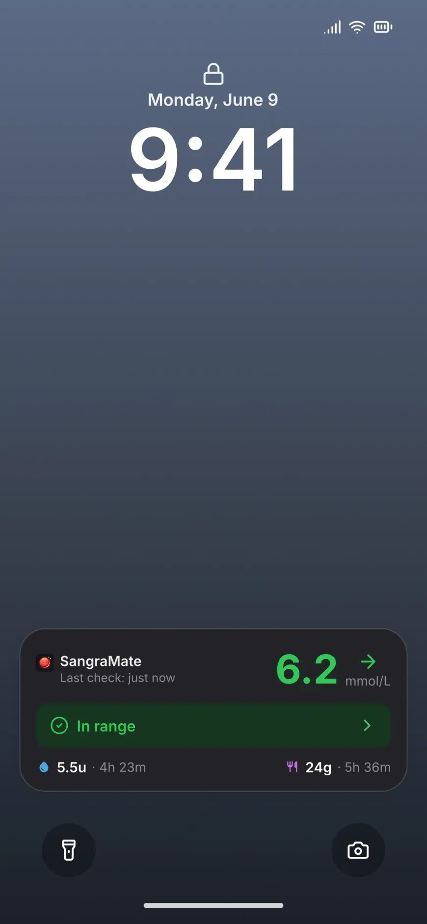 SangraMate live glucose on the iPhone Lock Screen