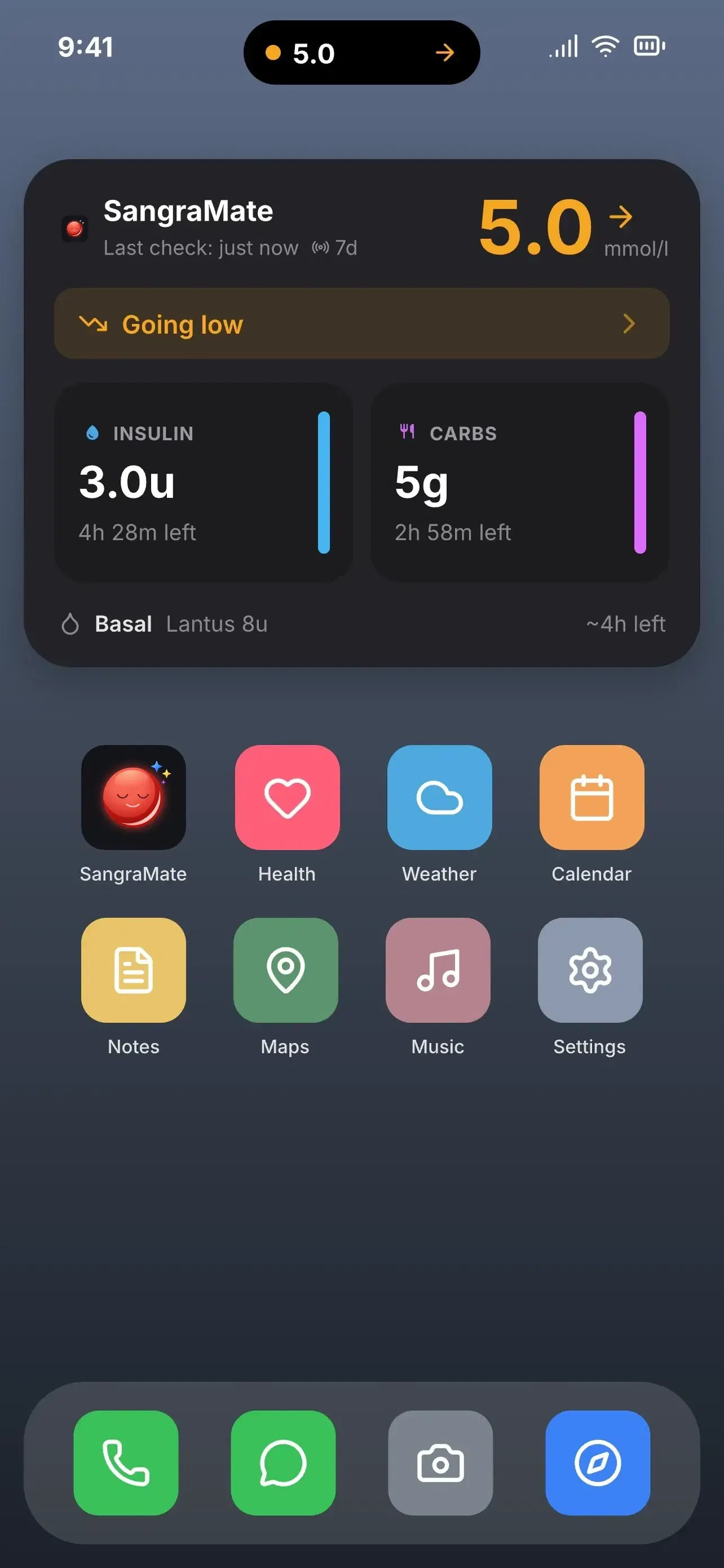 SangraMate Home Screen widget with live glucose, insulin and carbs on board